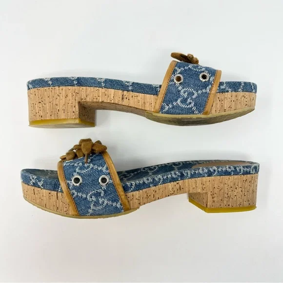 Gucci Vintage 90s Y2K Interlocking GG Logo Sandals Slides Heels Denim Blue 38 8 - Picture 4 of 11